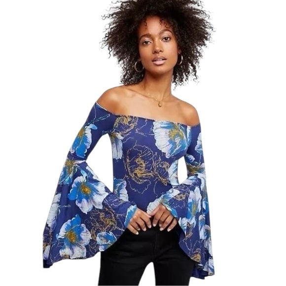 We The Free Blue and Yellow Floral Print Flutter Sleeve Fairy Top Size M - Picture 2 of 10
